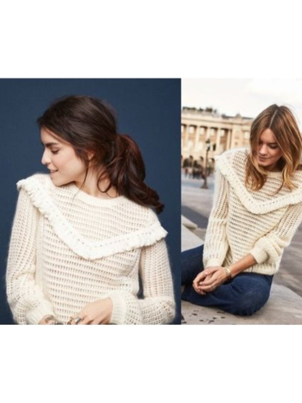 Sezane Fringe Open Knit Sweater Womens S Cream Kid Mohair Merino Wool Boho